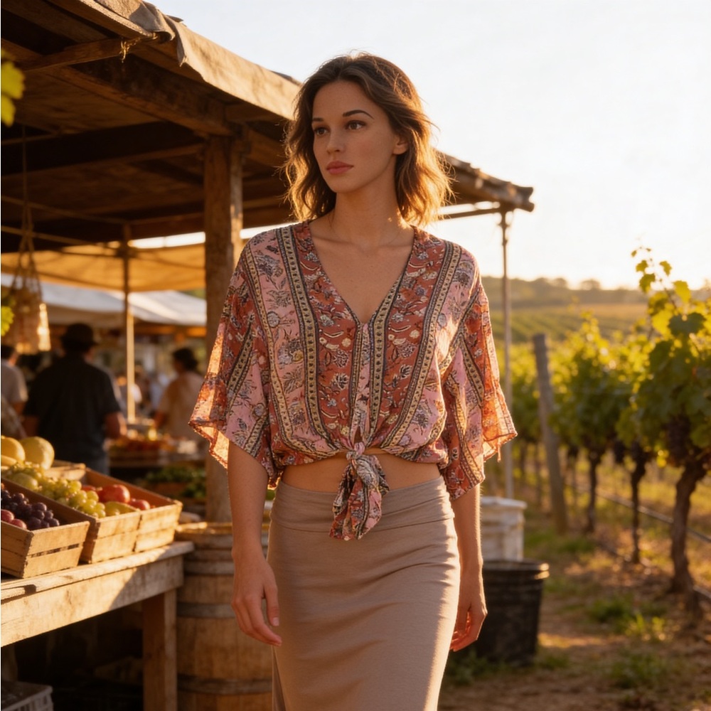 Polly & Esther boho  Mauve Pink Paisley Tie-Front Flutter Blouse